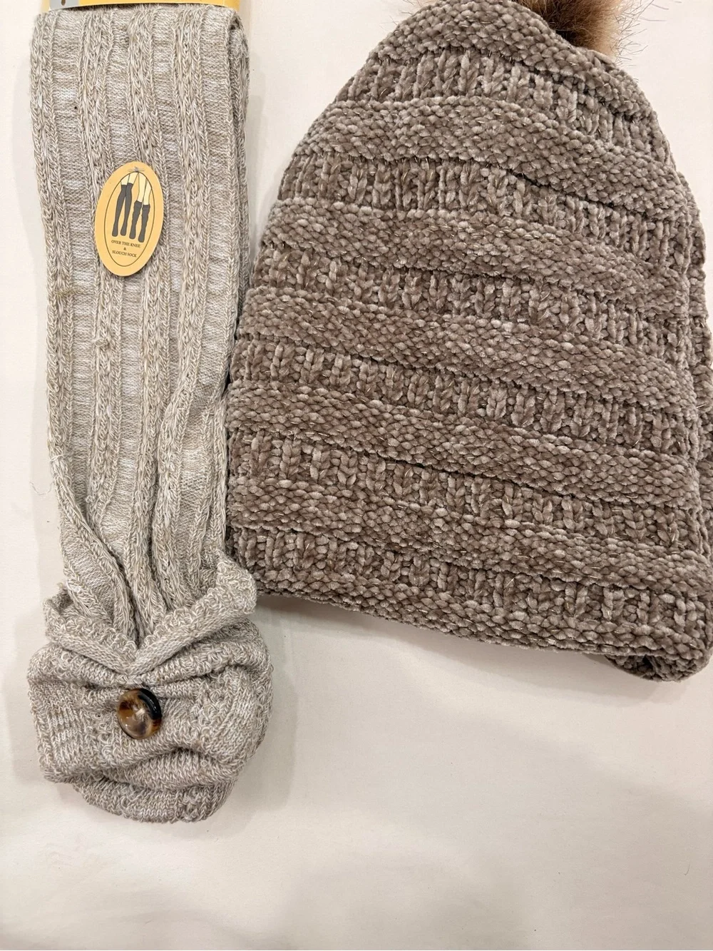 BearPaw Brown Beanie and Brown Over The Knee Boot Socks Bundle